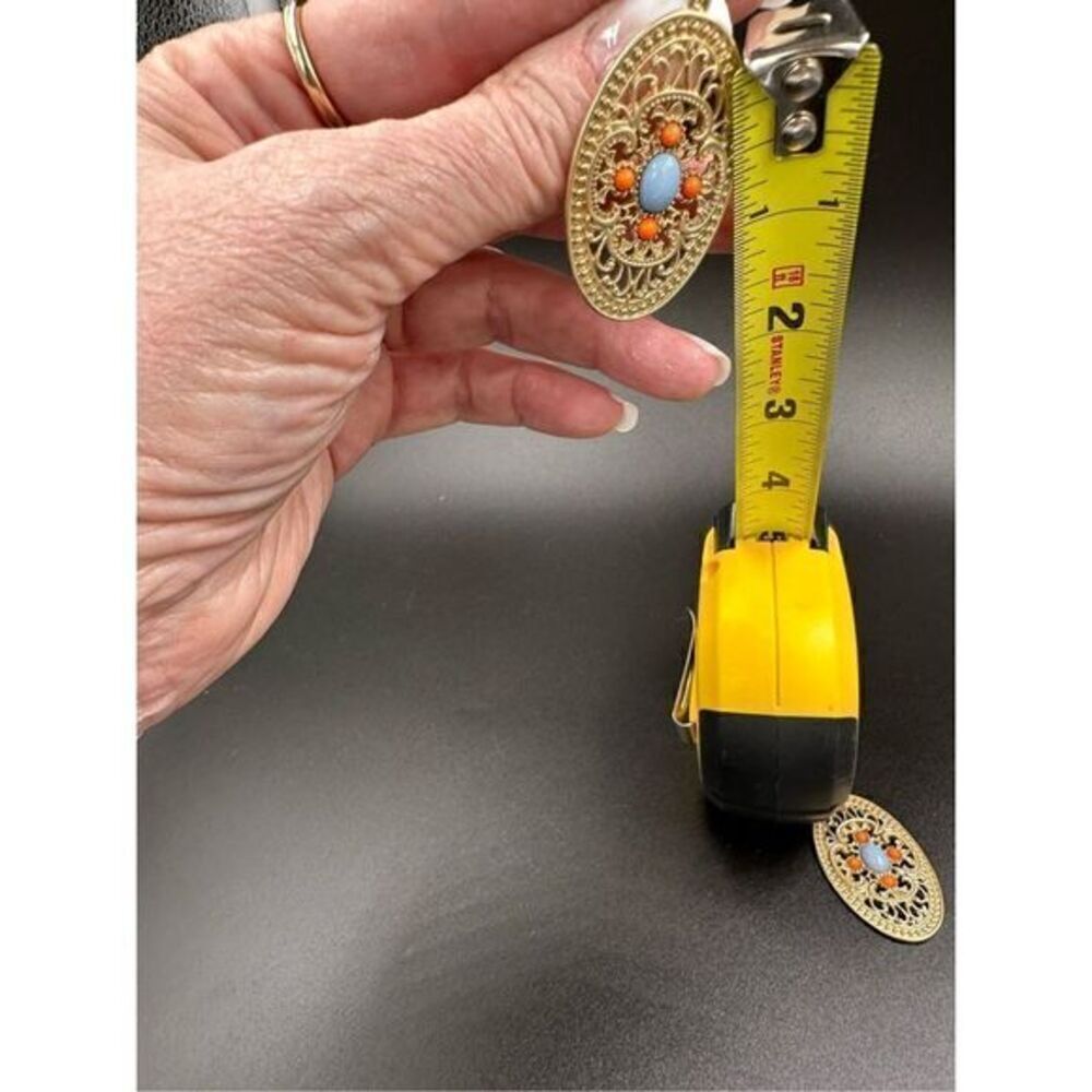 Beautiful boho artisan-look dangle earrings- blue/ coral in gold tone filigree - Picture 6 of 10